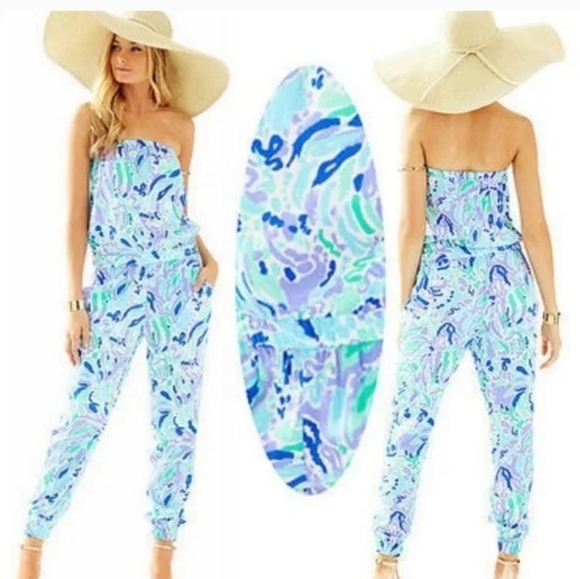Lilly Pulitzer Blue and Green EMIKO  Strapless Jumpsuit Size Small - Picture 1 of 9